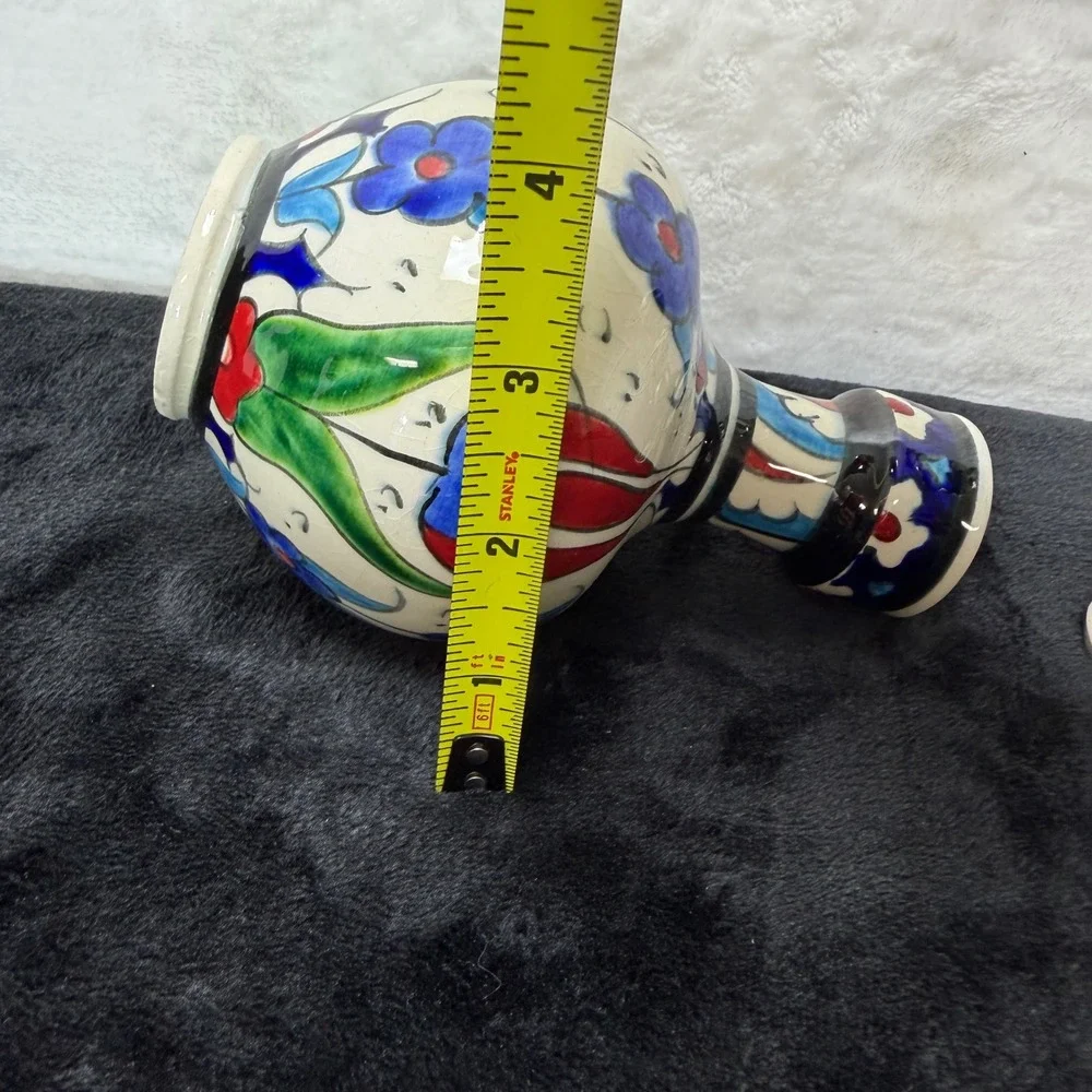2 Hand Painted Turkish Iznik Style Ceramic Bud Vases Set Floral Red Blue‎ Yellow